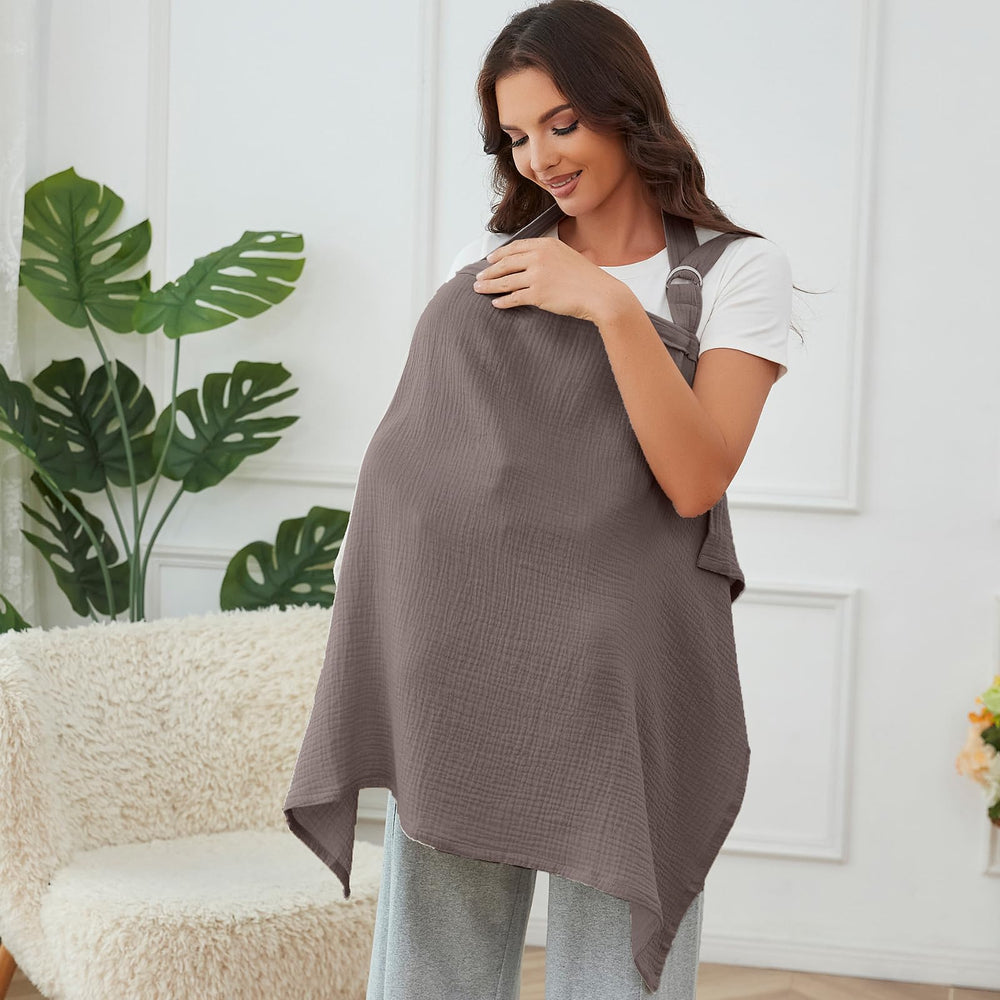 Zdolmy muslin nursing cover in coffee with wide coverage for discreet feeding.