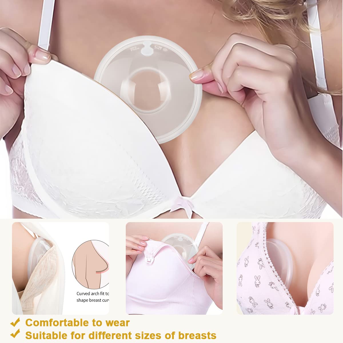 Zdolmy wearable nursing cups fit inside a bra for hands-free leakage collection.