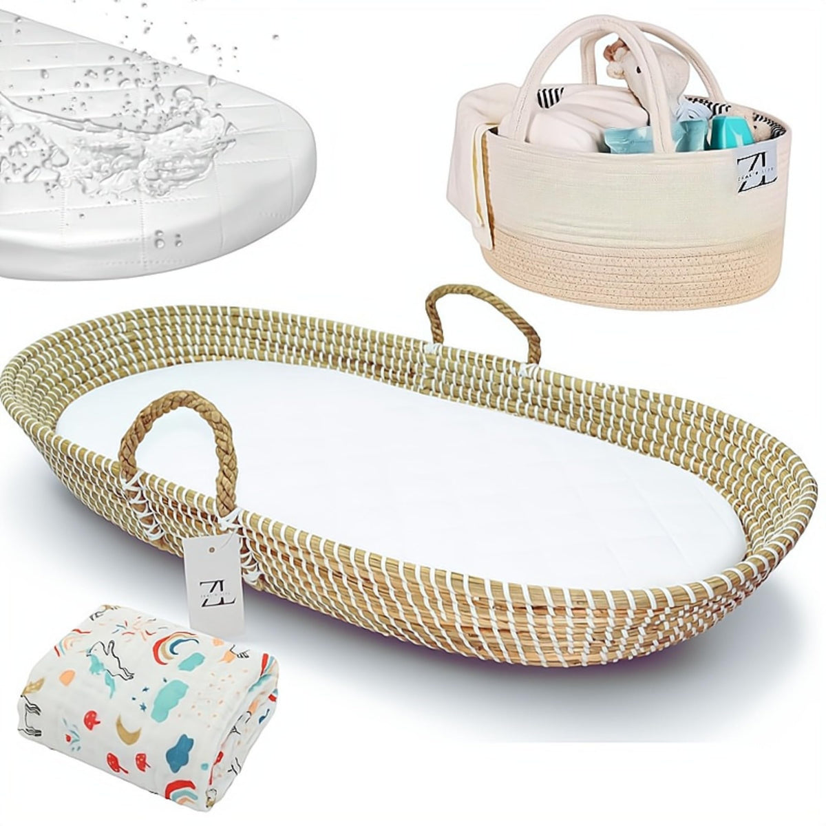 ZEAL'N LIFE Seagrass baby changing basket side view highlights sturdy weave and safe edges.