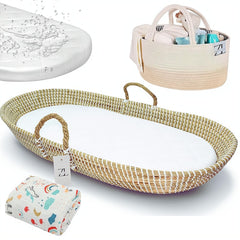 ZEAL'N LIFE Seagrass baby changing basket side view highlights sturdy weave and safe edges.
