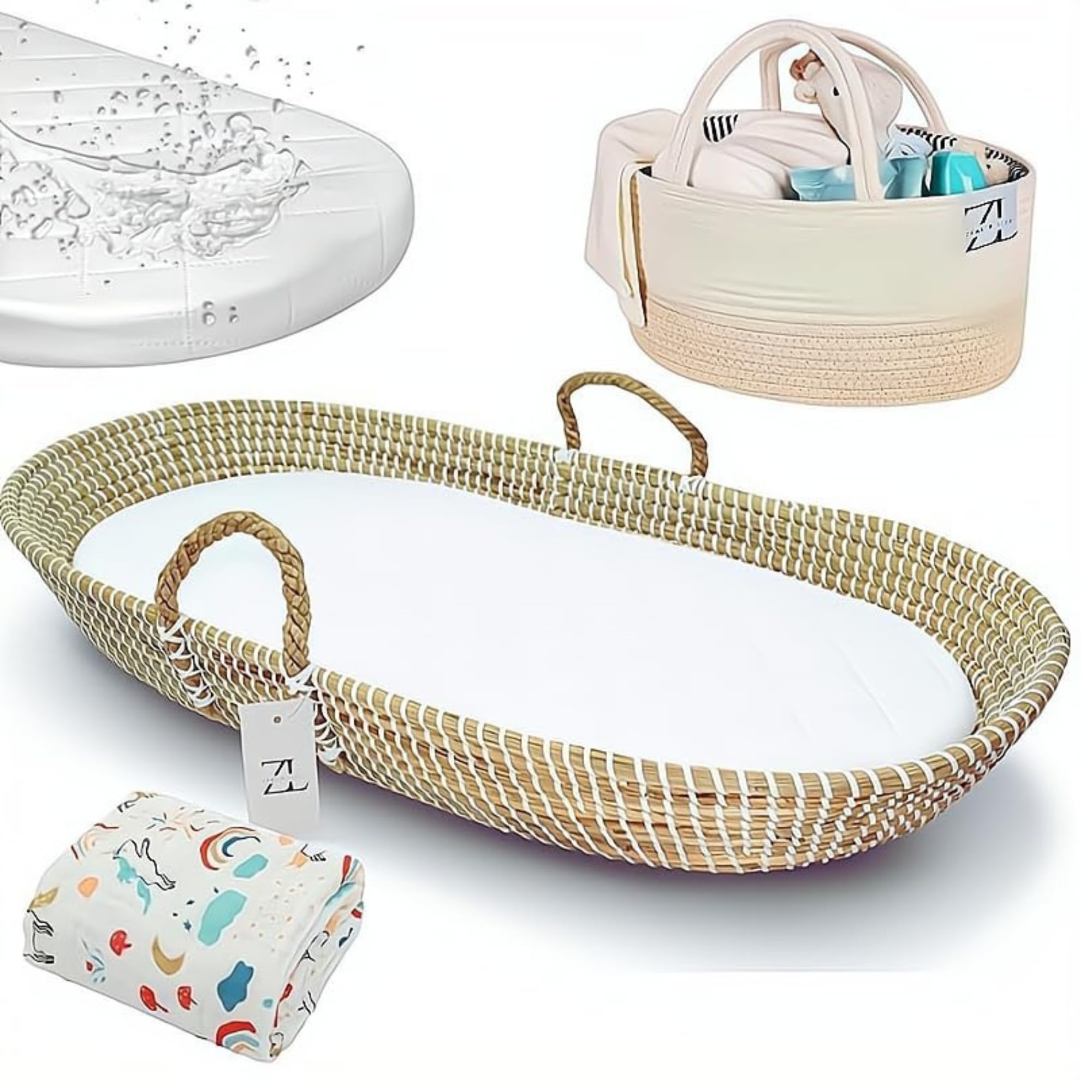 ZEAL'N LIFE seagrass baby changing basket with sturdy handles for convenient travel.