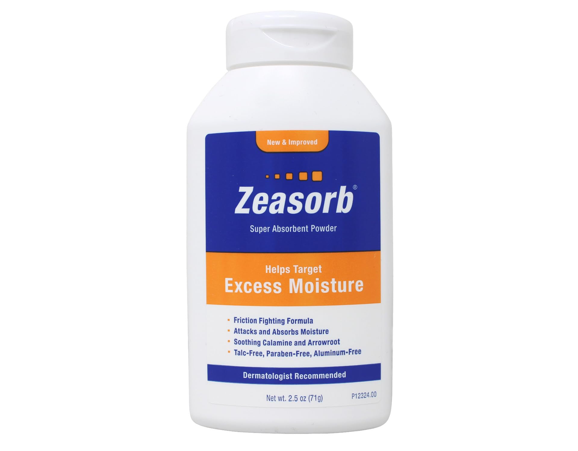 Zeasorb canister closeup highlights easy application and fast absorption for all-day comfort.