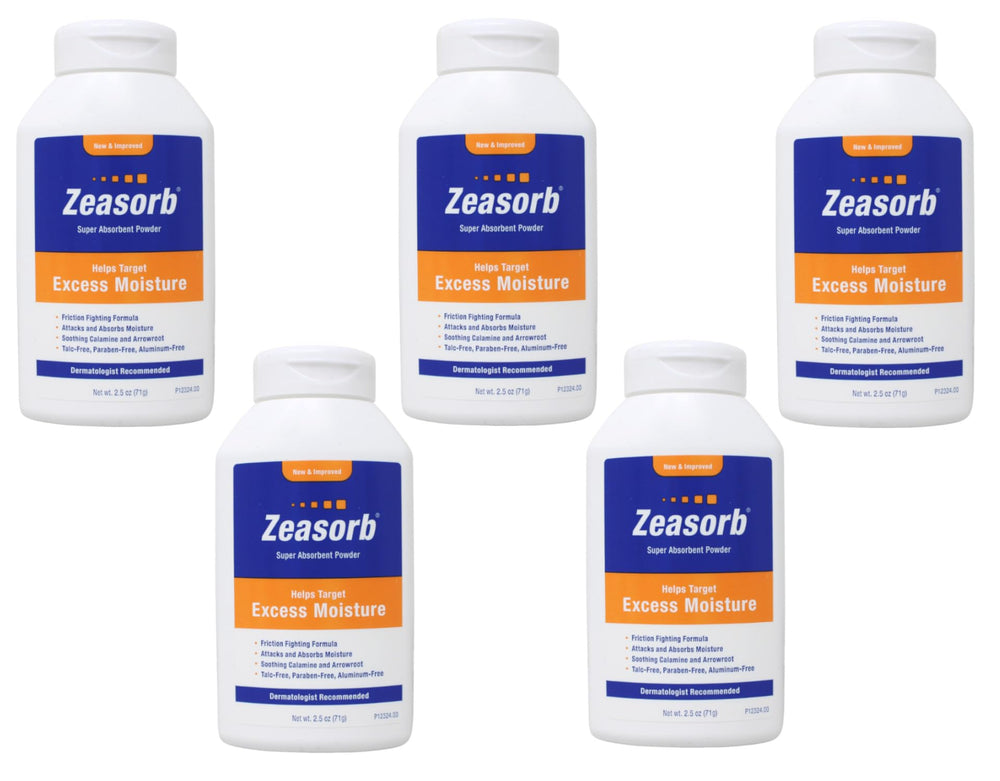 Zeasorb pack of 5 box showcases convenient daily freshness and long-lasting moisture control.
