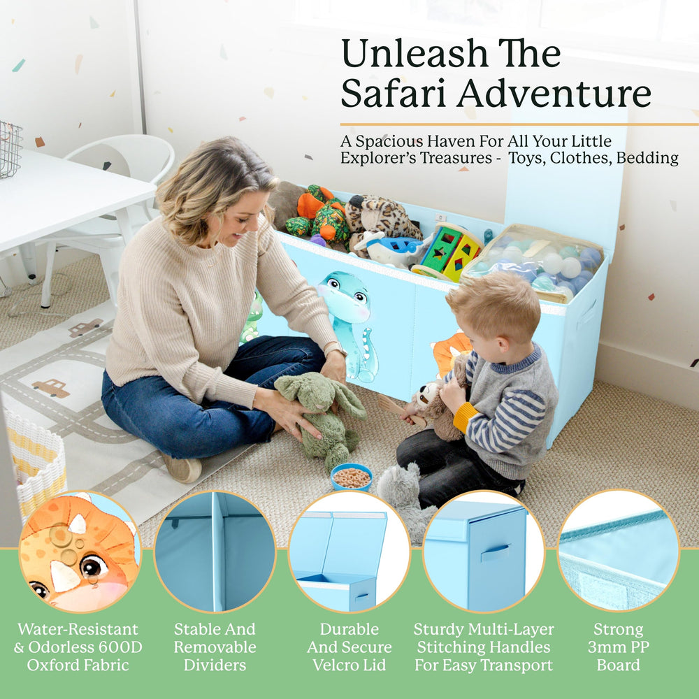 Zebra Baby large toy box filled with stuffed animals demonstrates capacity.