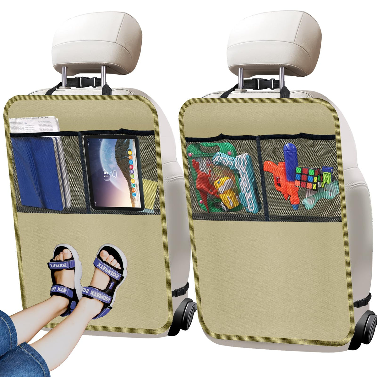 Zecirl kick mat backseat protector beige front view showing full-seat coverage for clean interiors.