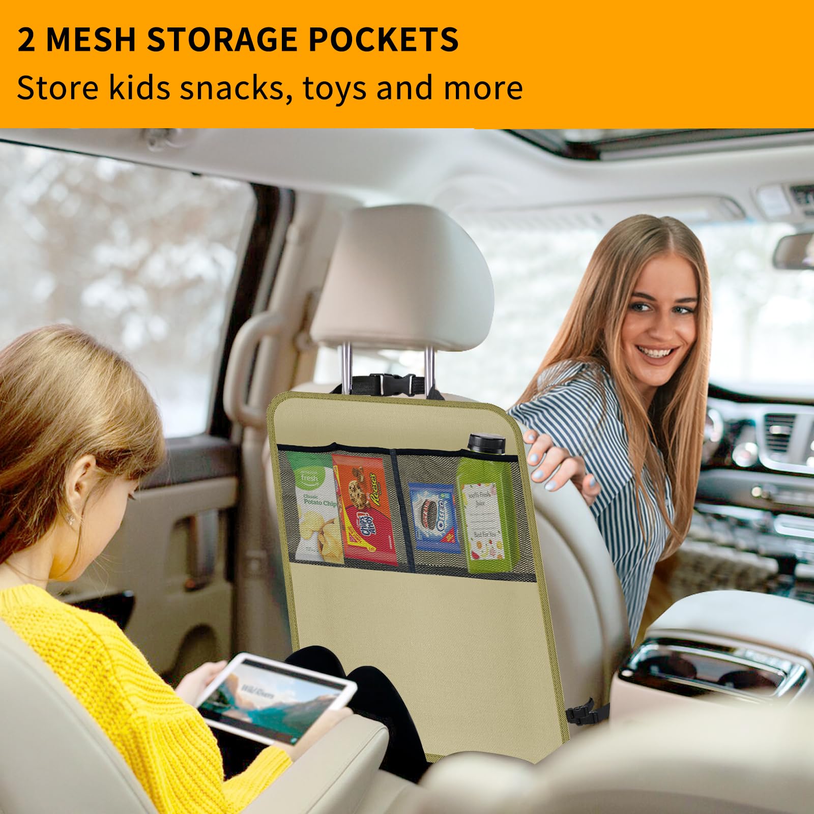 Zecirl kick mat backseat protector waterproof fabric showcased for spill protection during trips.
