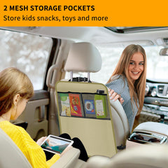 Zecirl kick mat backseat protector waterproof fabric showcased for spill protection during trips.