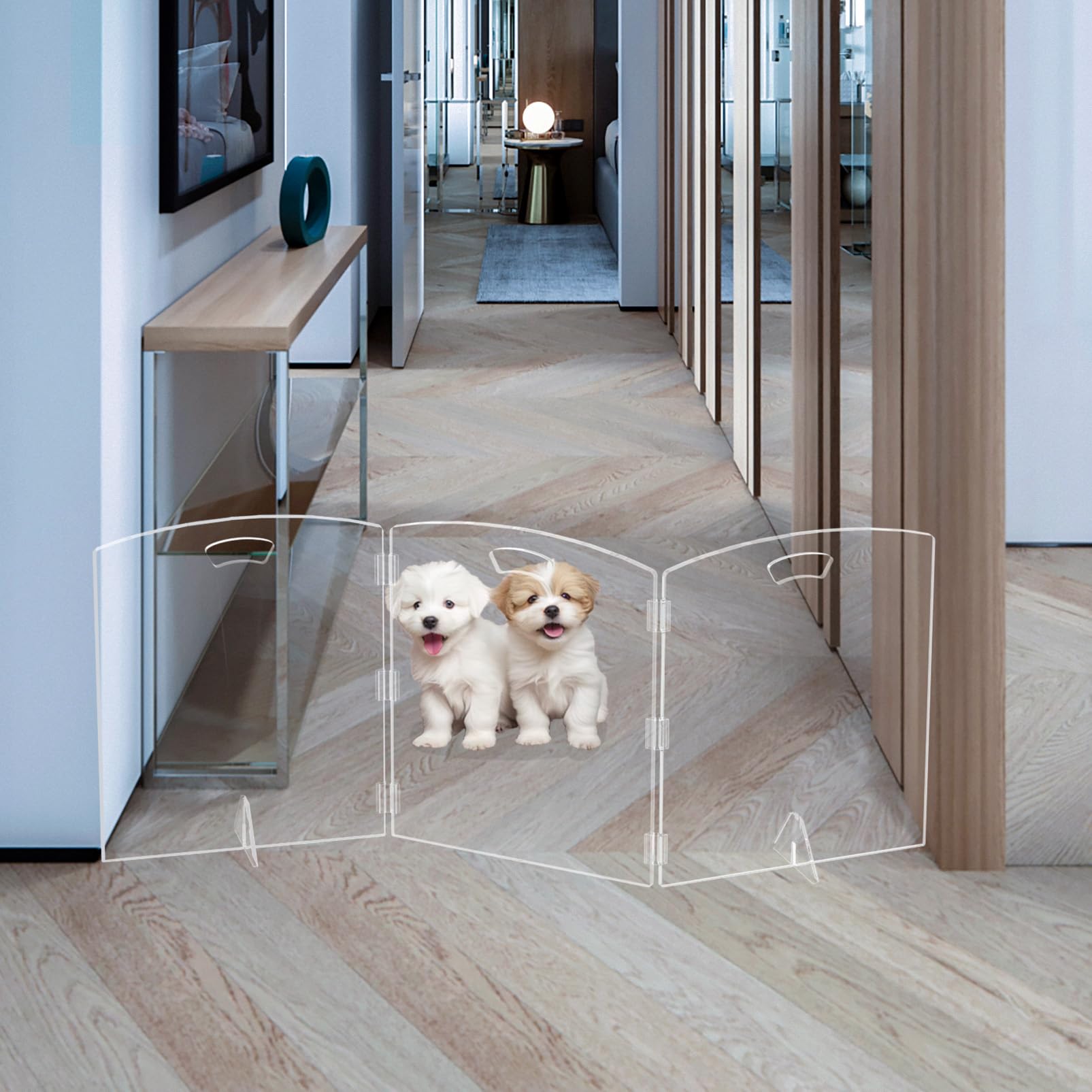 ZEDEGLOW clear-dog-gate in doorway for easy, no-drill setup.