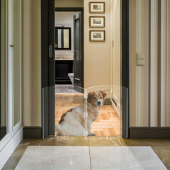 ZEDEGLOW clear dog gate front view shows freestanding doorway setup without drilling