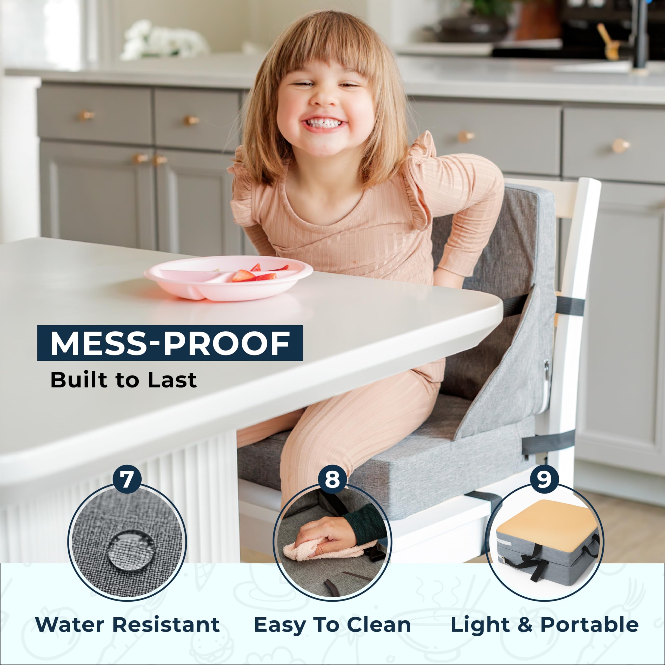 ZEDORA booster seat buckle ensures quick, secure attachment to most chairs for on-the-go dining.