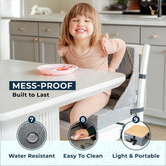 ZEDORA booster seat buckle ensures quick, secure attachment to most chairs for on-the-go dining.