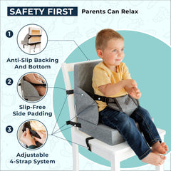ZEDORA booster seat dense foam provides comfy support for longer meals.