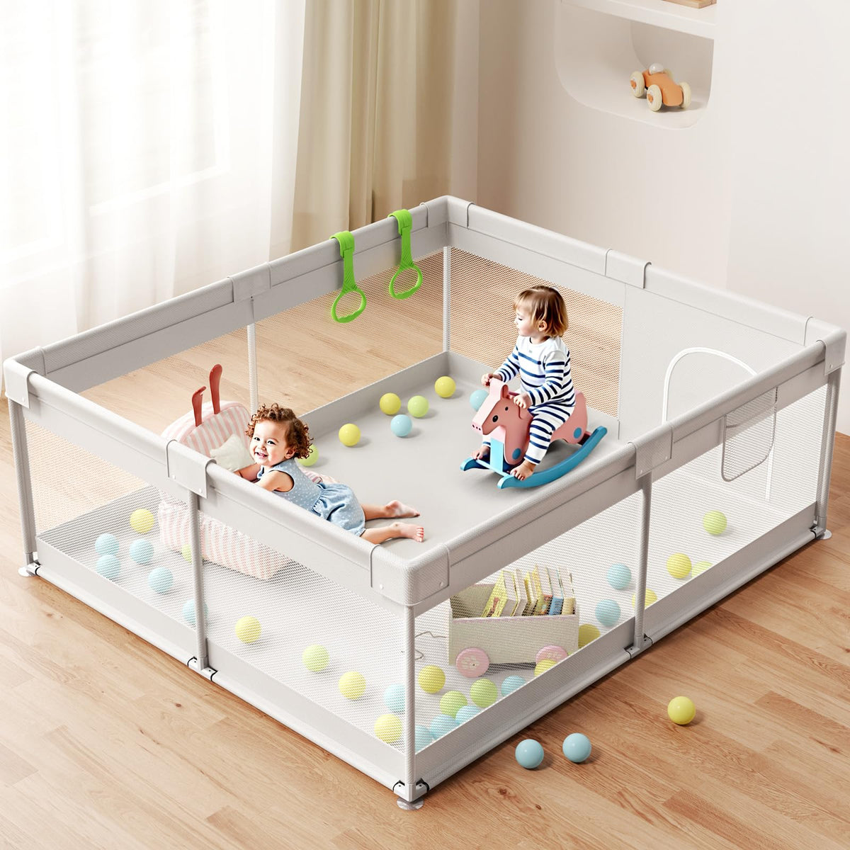 ZEEBABA extra-large playpen gray provides ample space for three toddlers to crawl and play