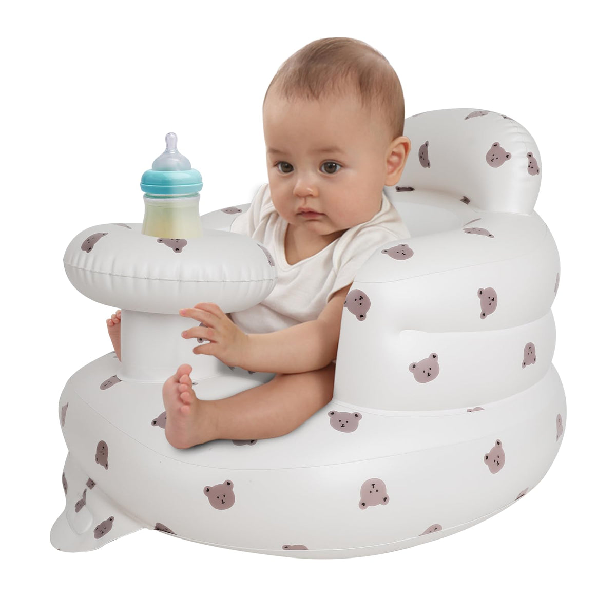 Zenflux inflatable baby chair with tray enables easy feeding on the go.