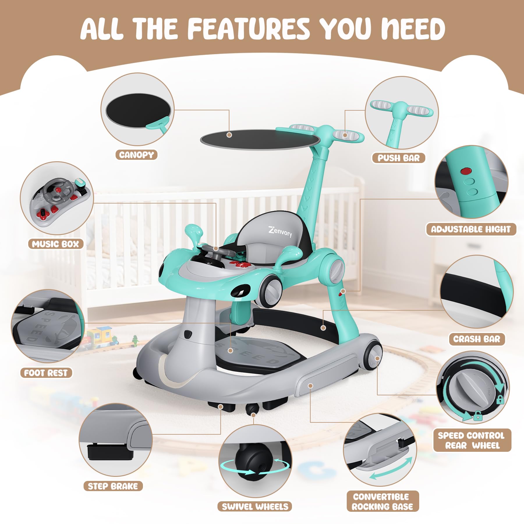 Zenvory 6-in-1 foldable baby walker side view shows activity center for imaginative play