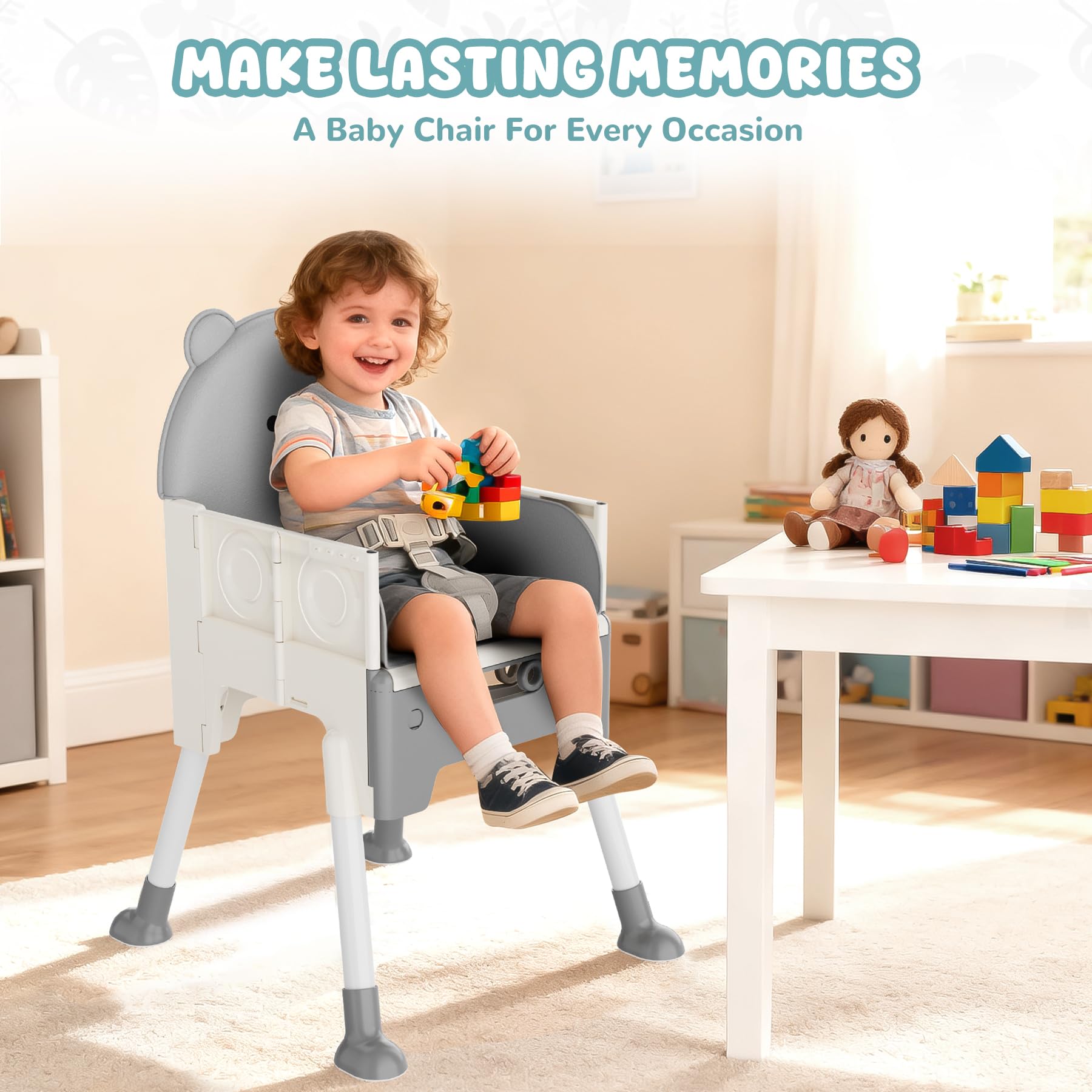 Zenvory foldable and portable high chair for travel and small spaces.