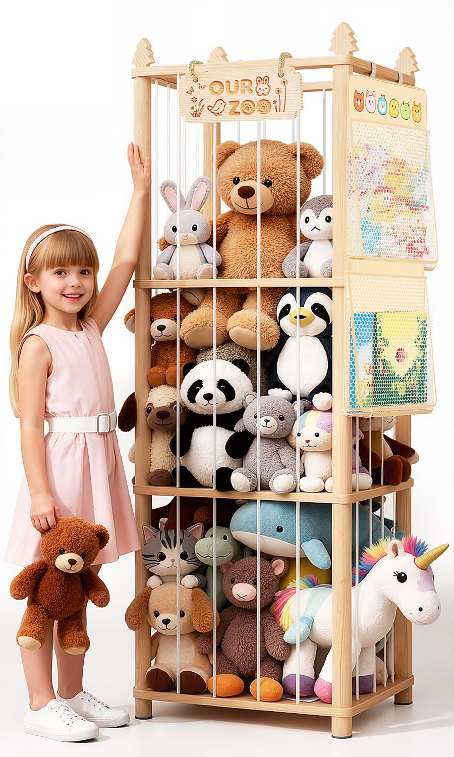 ZEQON stuffed animal storage large wooden toy organizer offers generous space for plush toys.