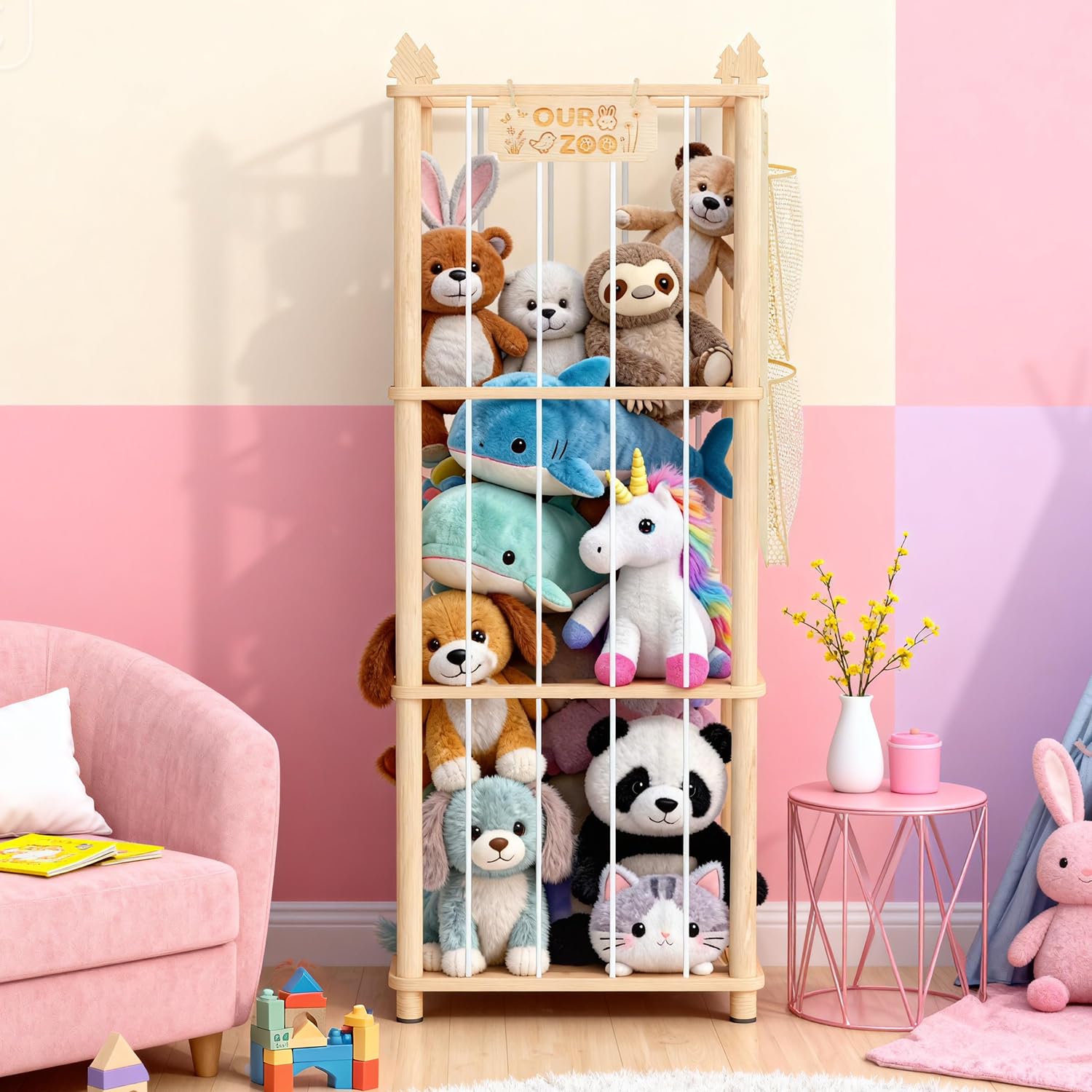 ZEQON removable hanging net attachment helps keep plushes contained and accessible.