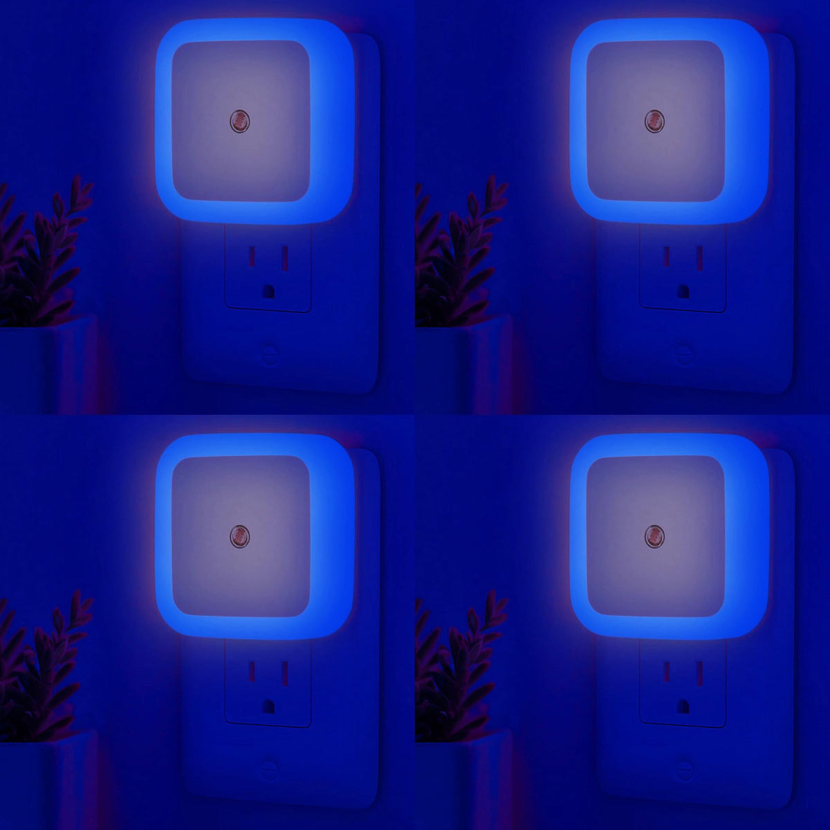 ZEZHOU 4-pack blue plug-in night lights glow softly, guiding steps at night.