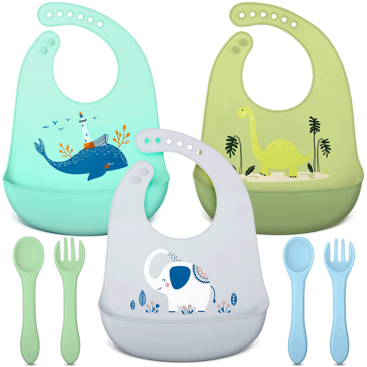 Zhanmai 3-pack silicone bibs with varied patterns help reduce mealtime mess