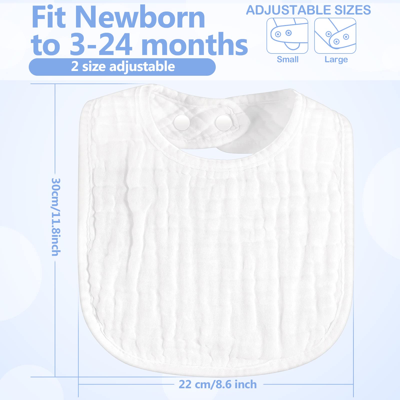 Zhanmai bibs with adjustable snaps shown for growing babies' snug fit