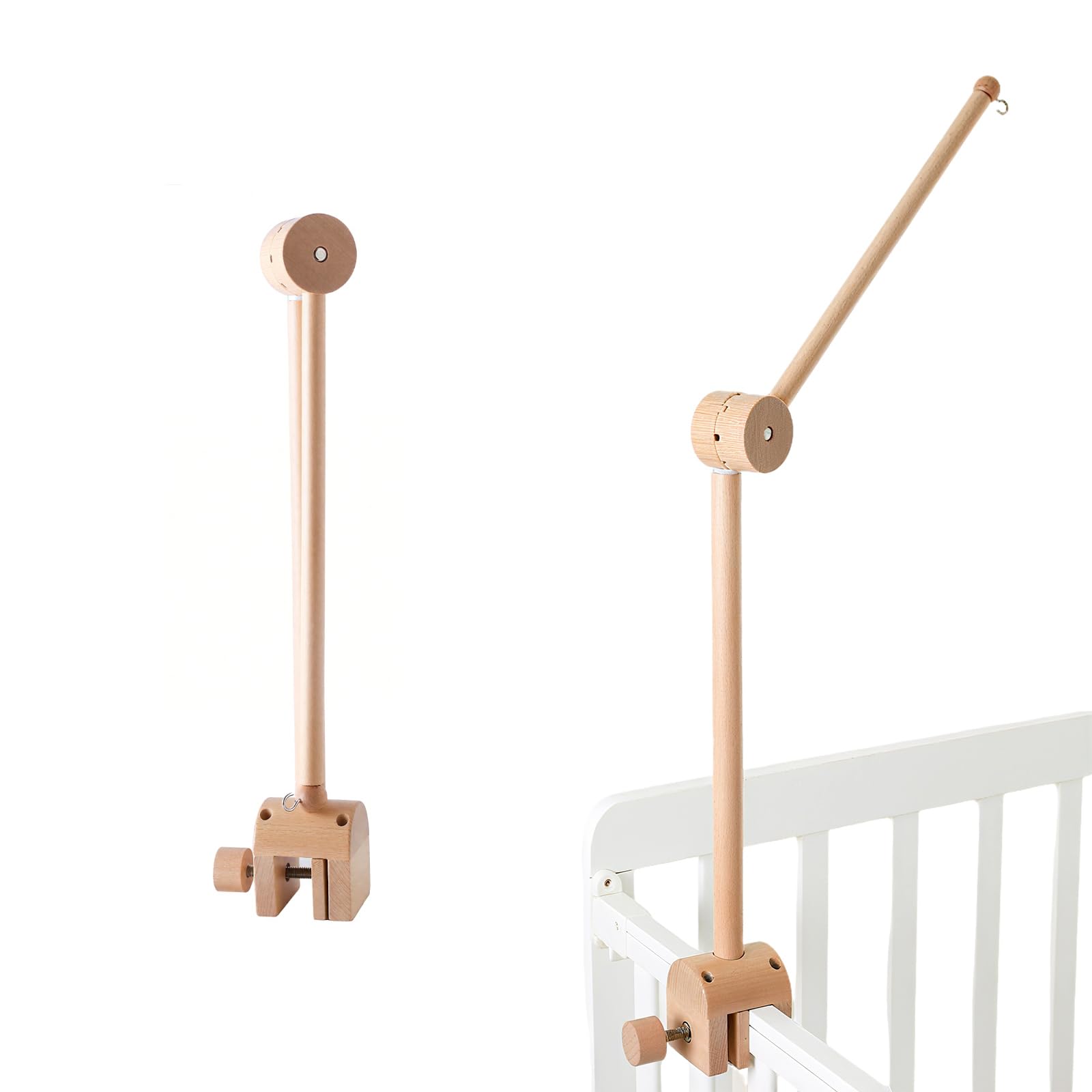 ZHIYUEJING crib mobile arm attached to crib showing 360° rotation for flexible positioning.