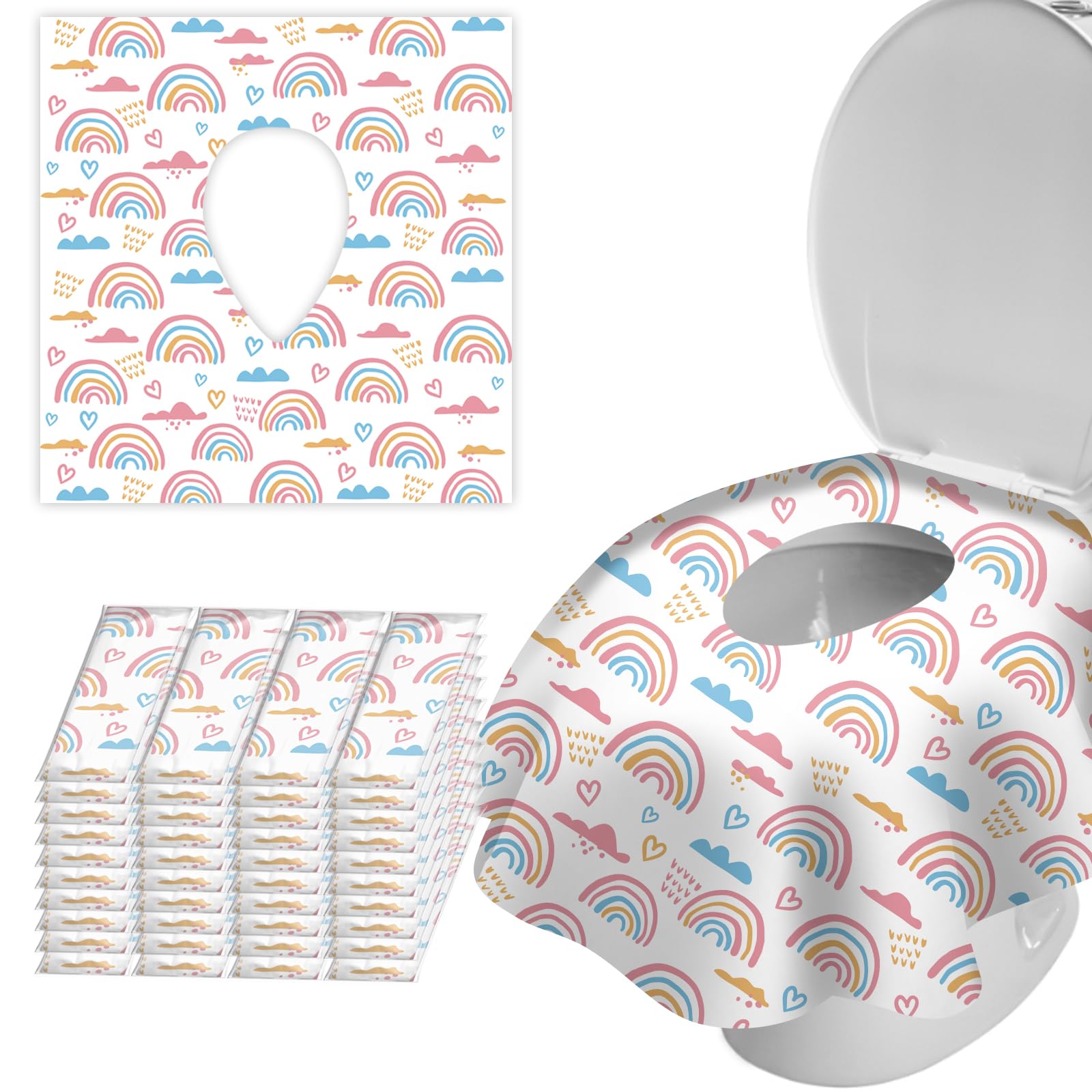 ZHOMA rainbow-pattern disposable toilet seat cover pack for travel and home.