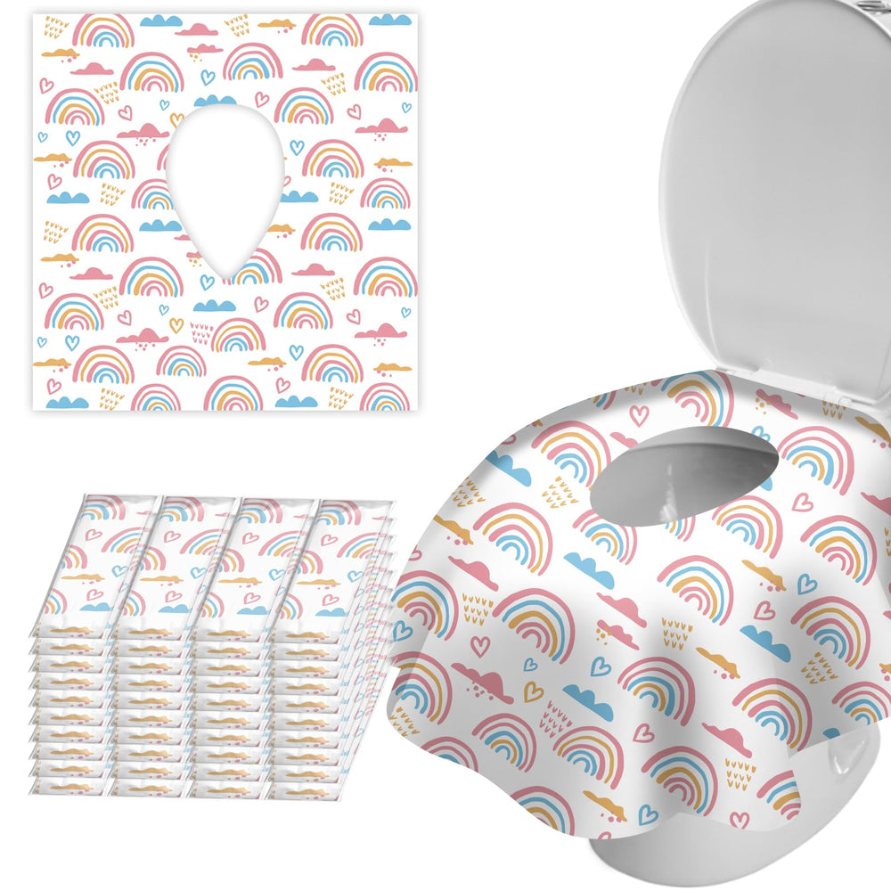 ZHOMA rainbow-pattern disposable toilet seat cover pack for travel and home.