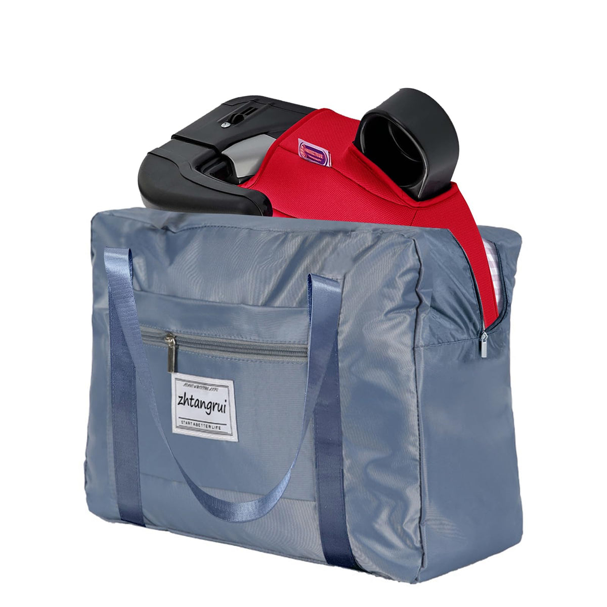 zhtangrui backless booster seat travel bag blue overview demonstrates a compact airline-ready design for easy travel