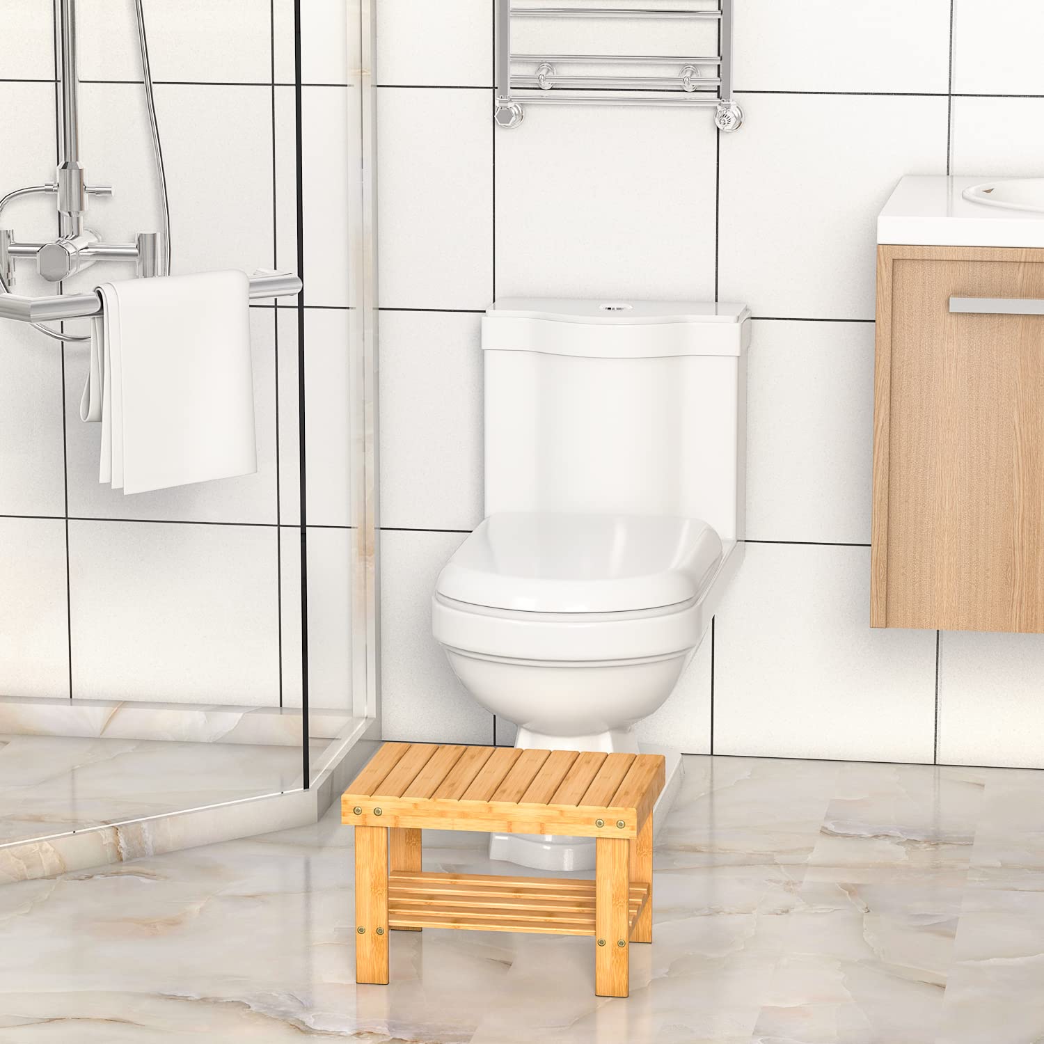 Zhuoyue wooden step stool in shower used as foot rest