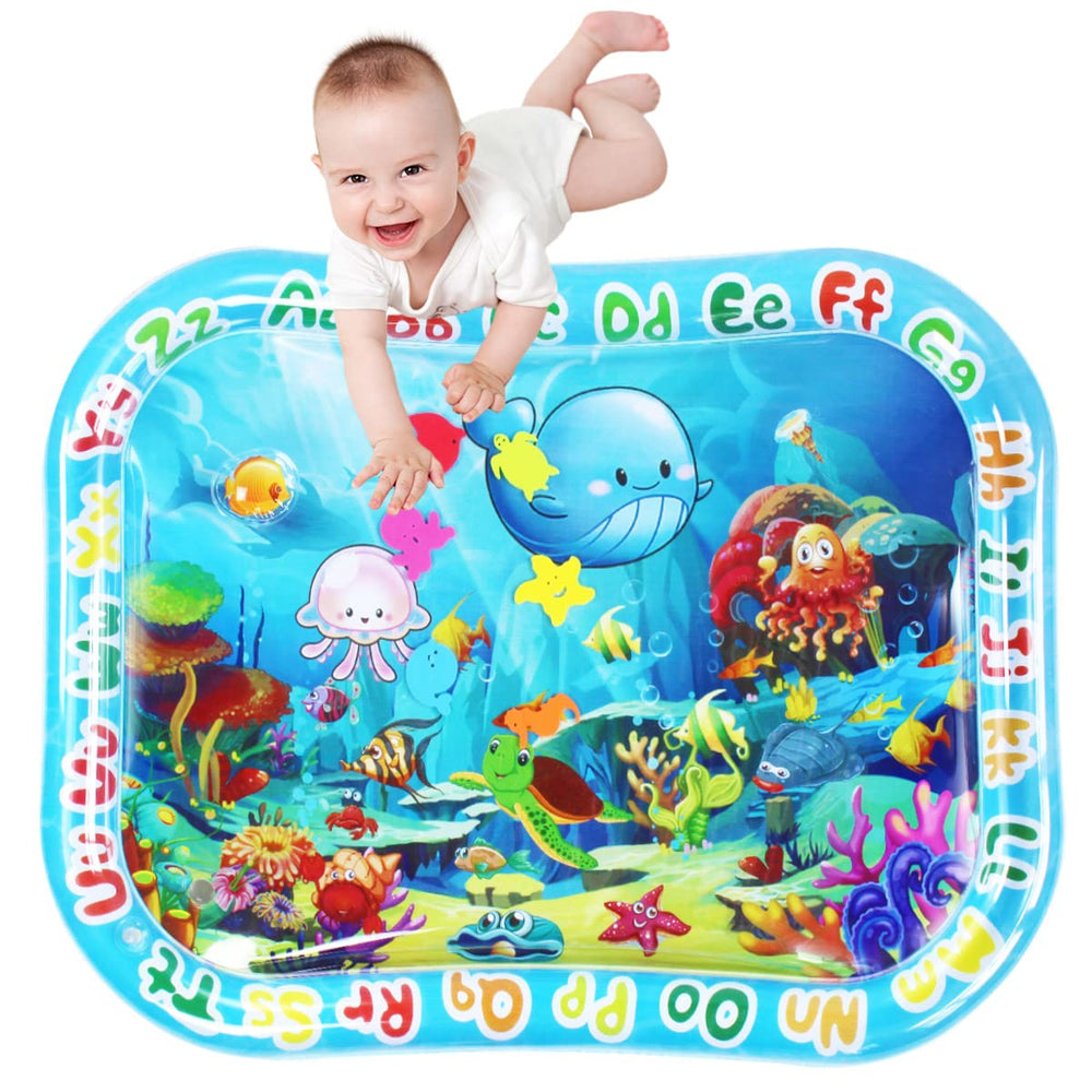 ZHUYNXIR extra-big water mat seas graphics invites tactile exploration during tummy time.