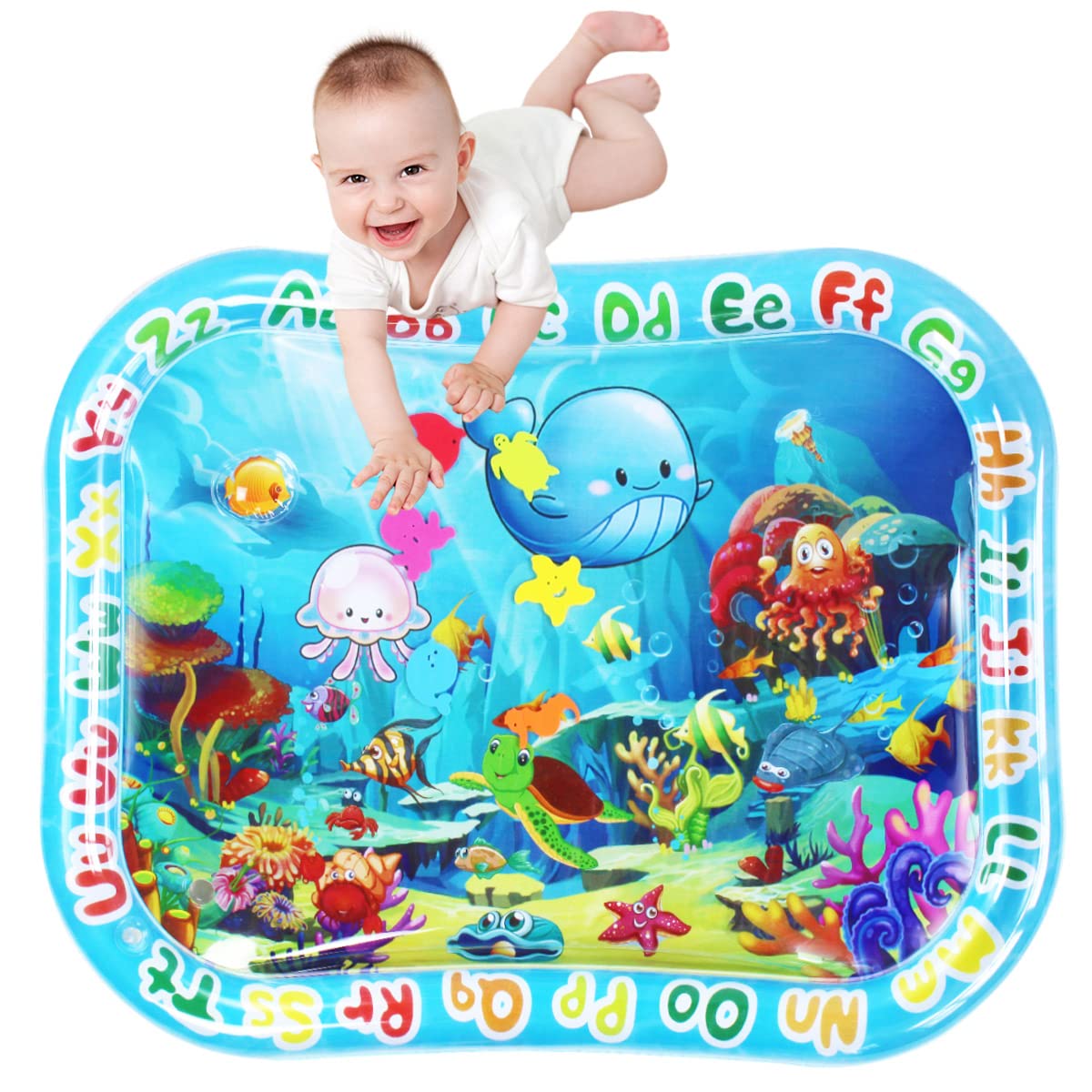 ZHUYNXIR extra-big water mat seas graphics invites tactile exploration during tummy time.