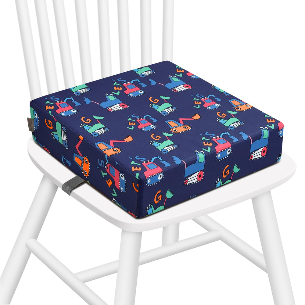 Zicac blue excavator booster seat front view showing compact toddler comfort.