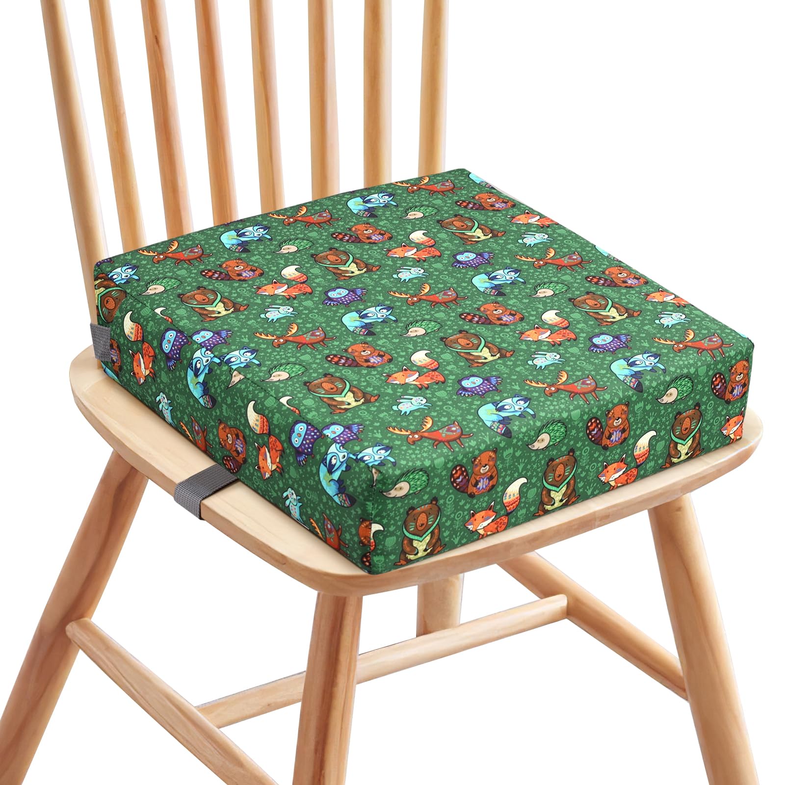 Zicac booster seat secured under and behind chair with straps for stability