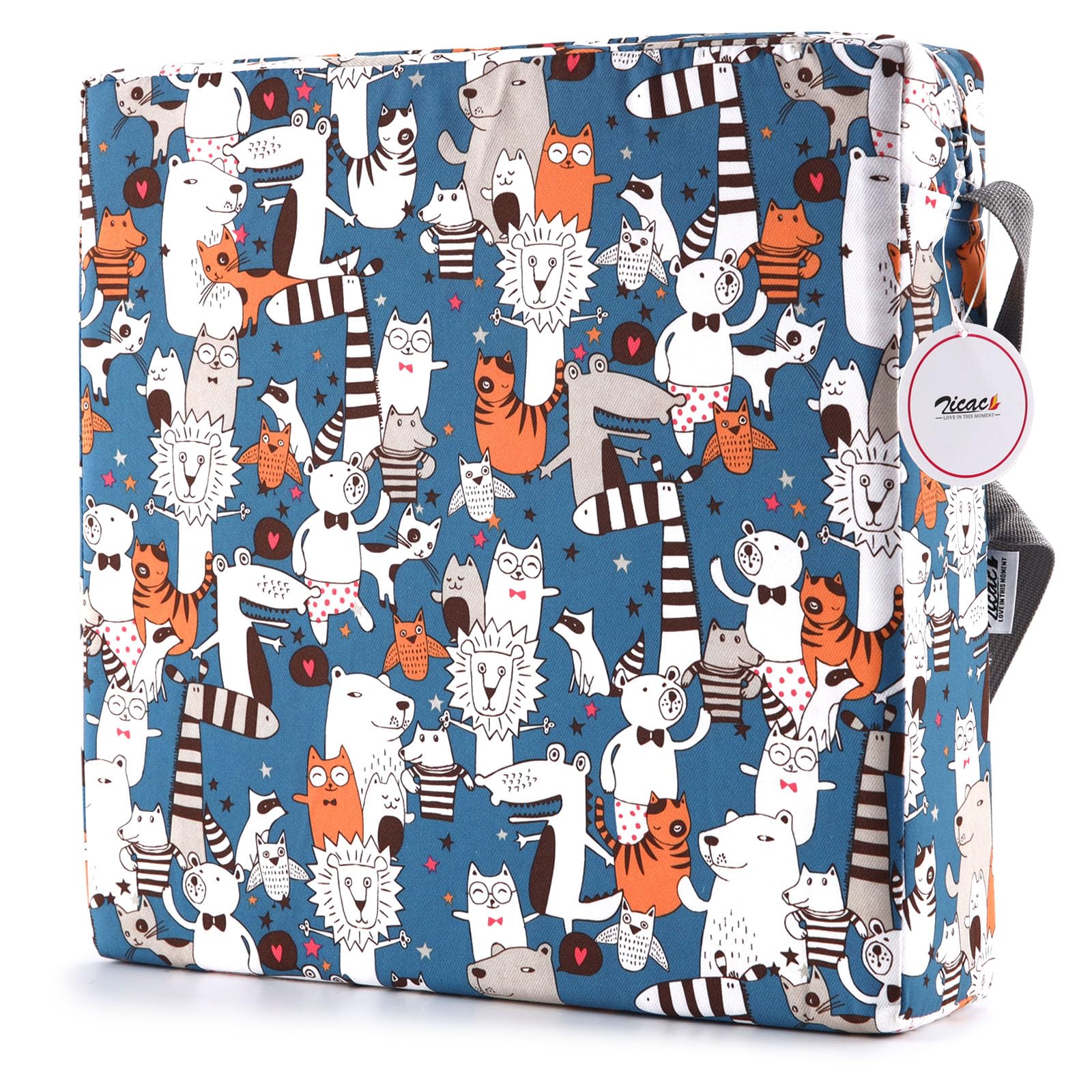 Zicac portable booster seat under-strap attachment highlights secure, slip-free chair stability.