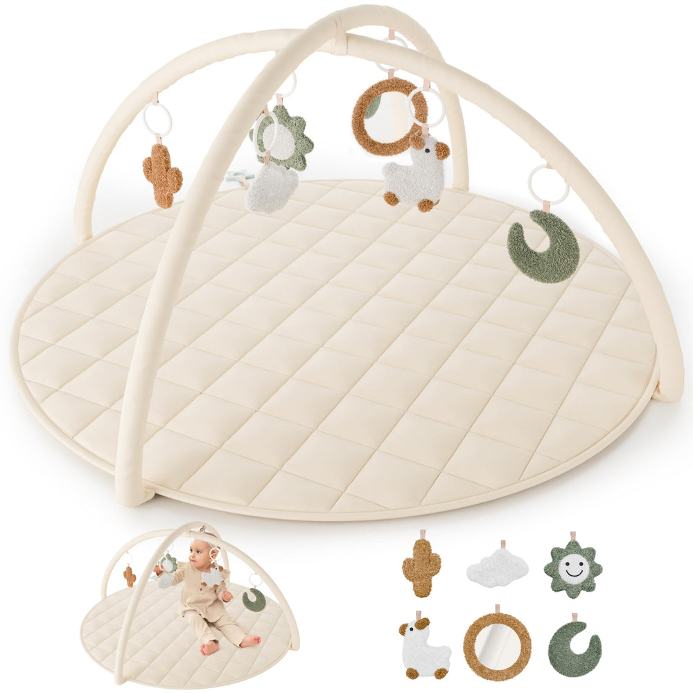 ZICOTO baby play gym setup with six toy attachments creates a cozy learning space.