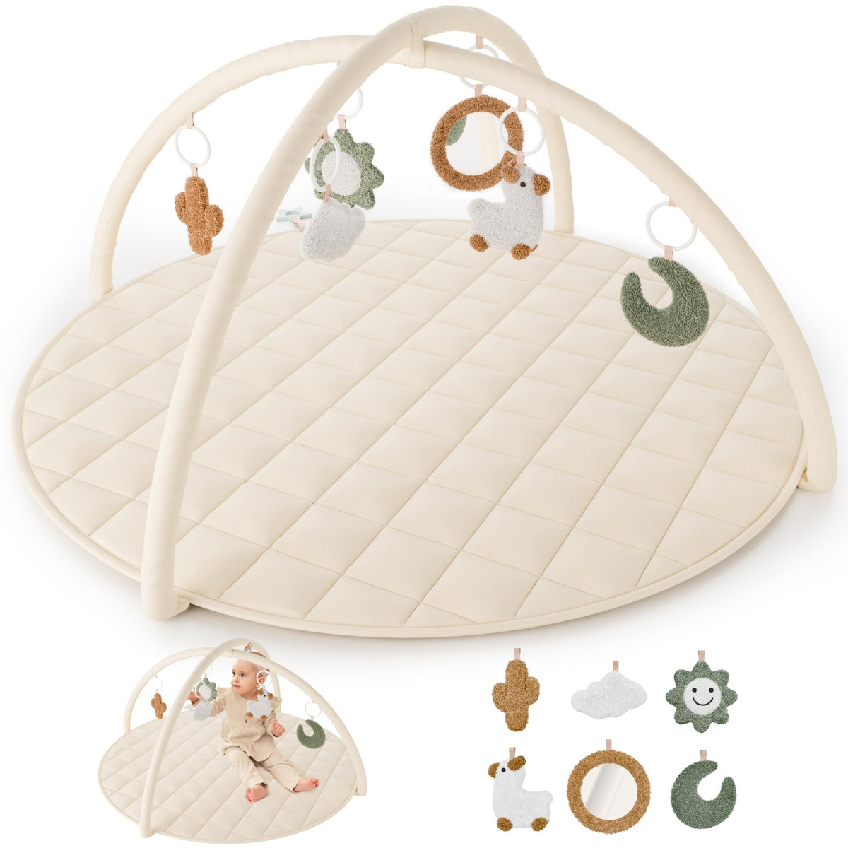 ZICOTO baby play gym setup with six toy attachments creates a cozy learning space.