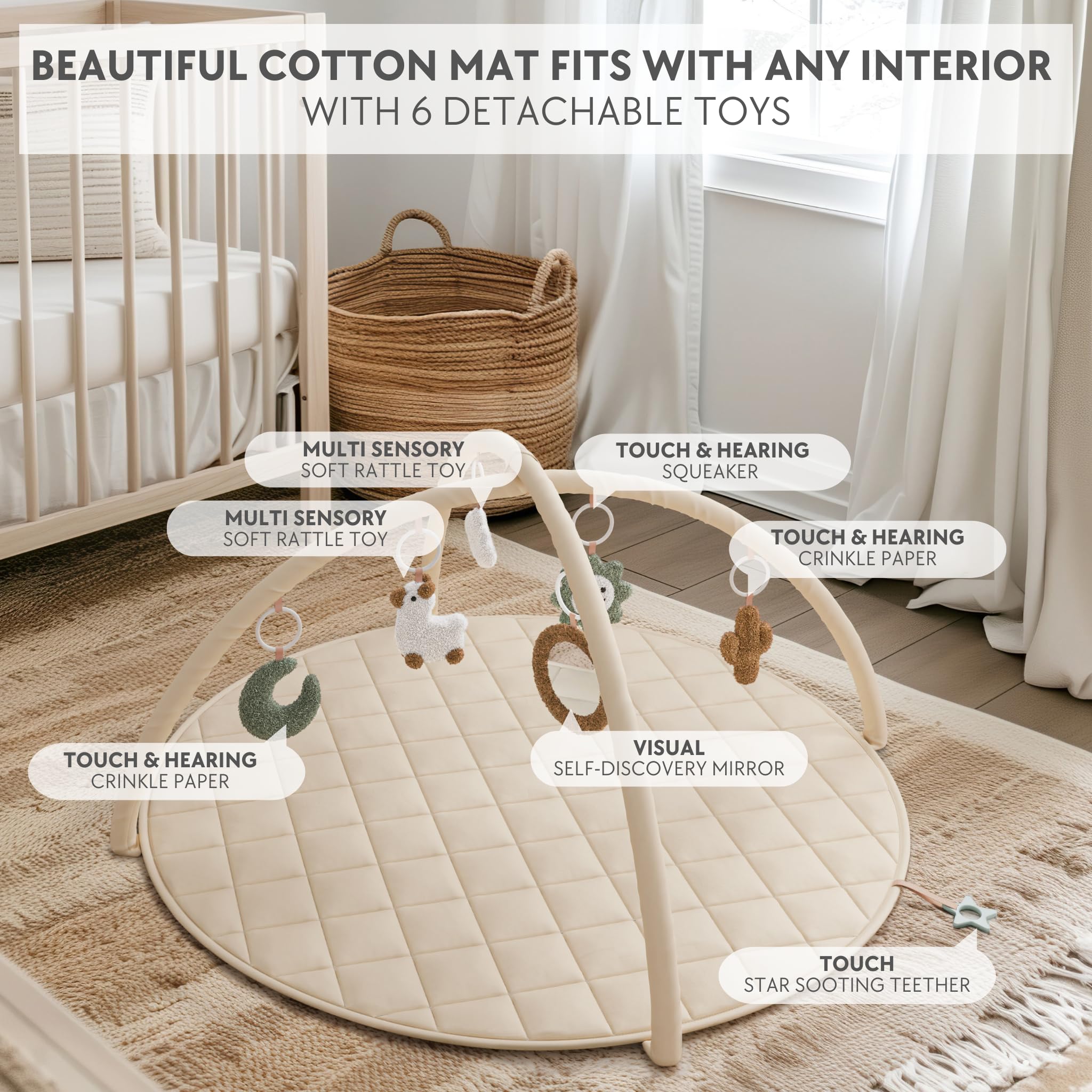ZICOTO baby play mat with mirror encouraging visual tracking and curiosity.
