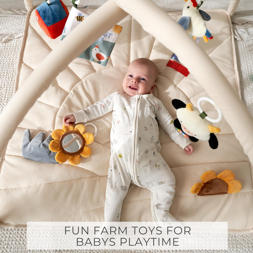 ZICOTO farm toy pig dangling to spark curiosity during playtime.