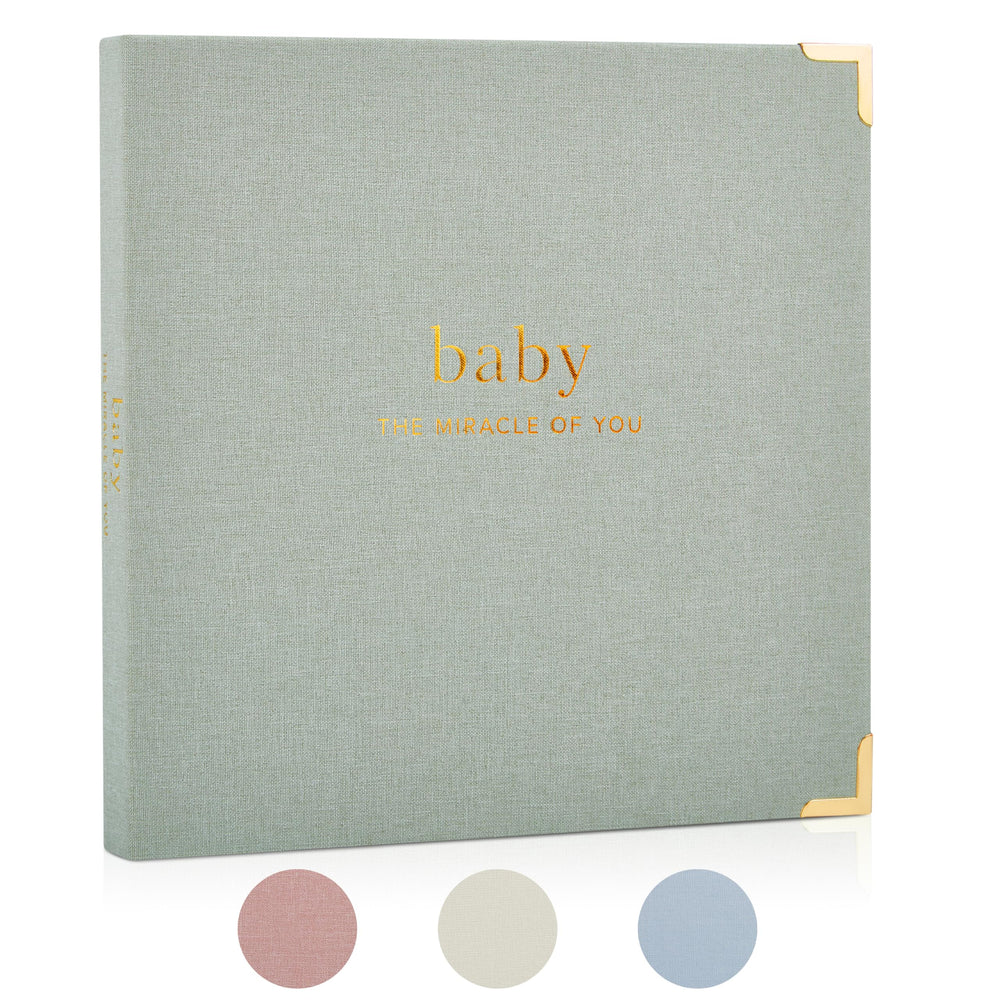 ZICOTO keepsake baby memory book cover in sage green linen for lasting family memories.