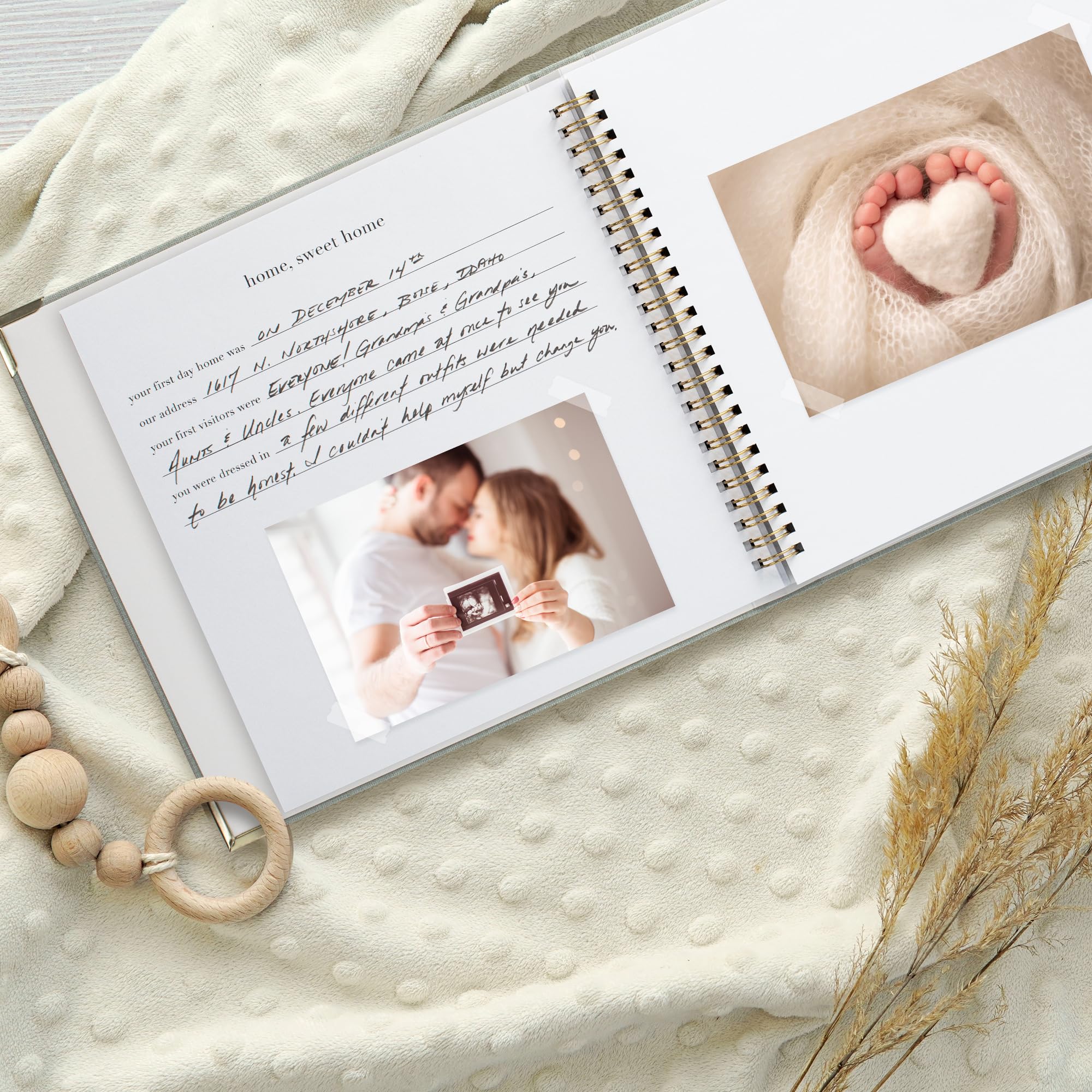 ZICOTO keepsake book first-year progress spread with milestones and photos