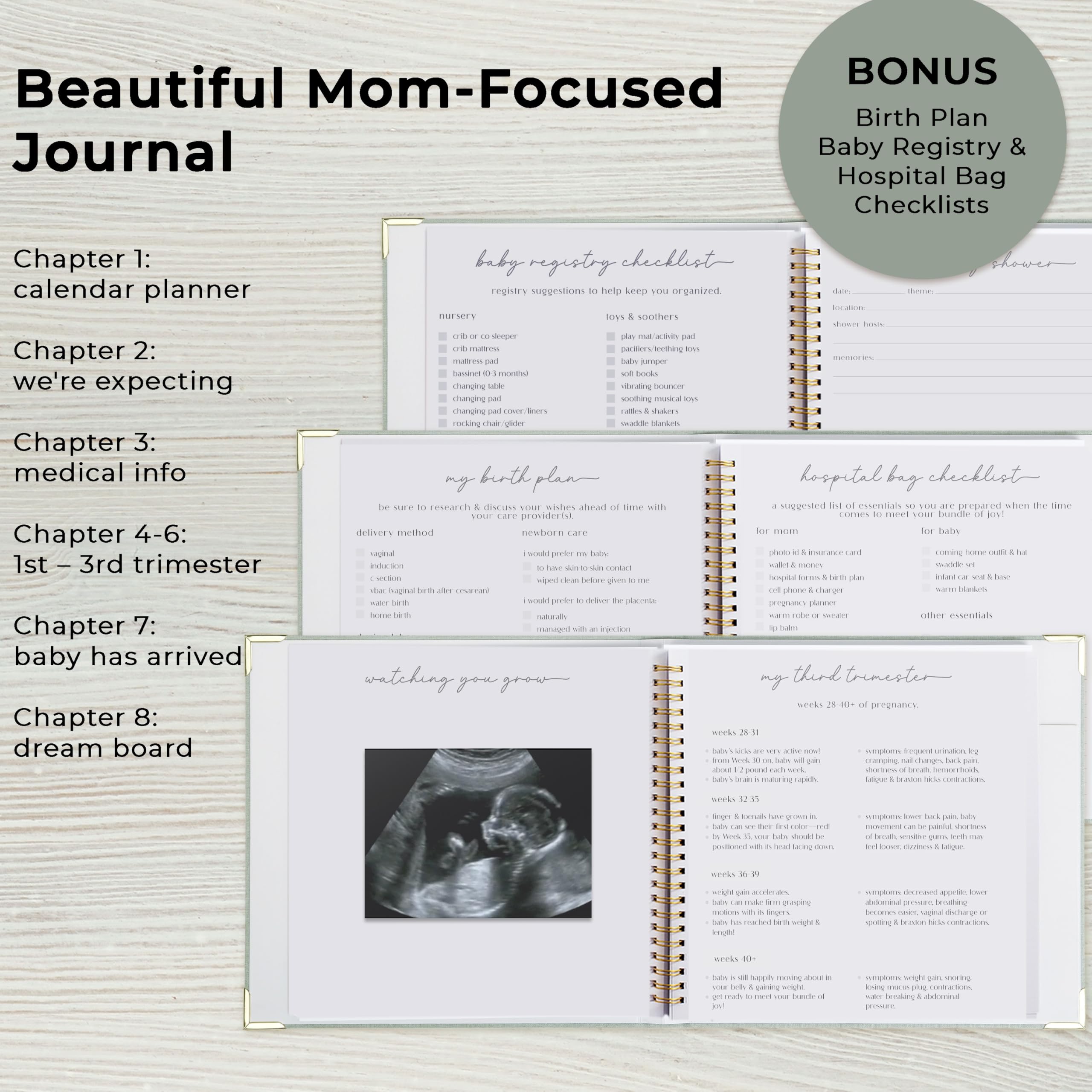 ZICOTO minimalist linen design offers a gender-neutral, elegant keepsake for pregnancy journaling.