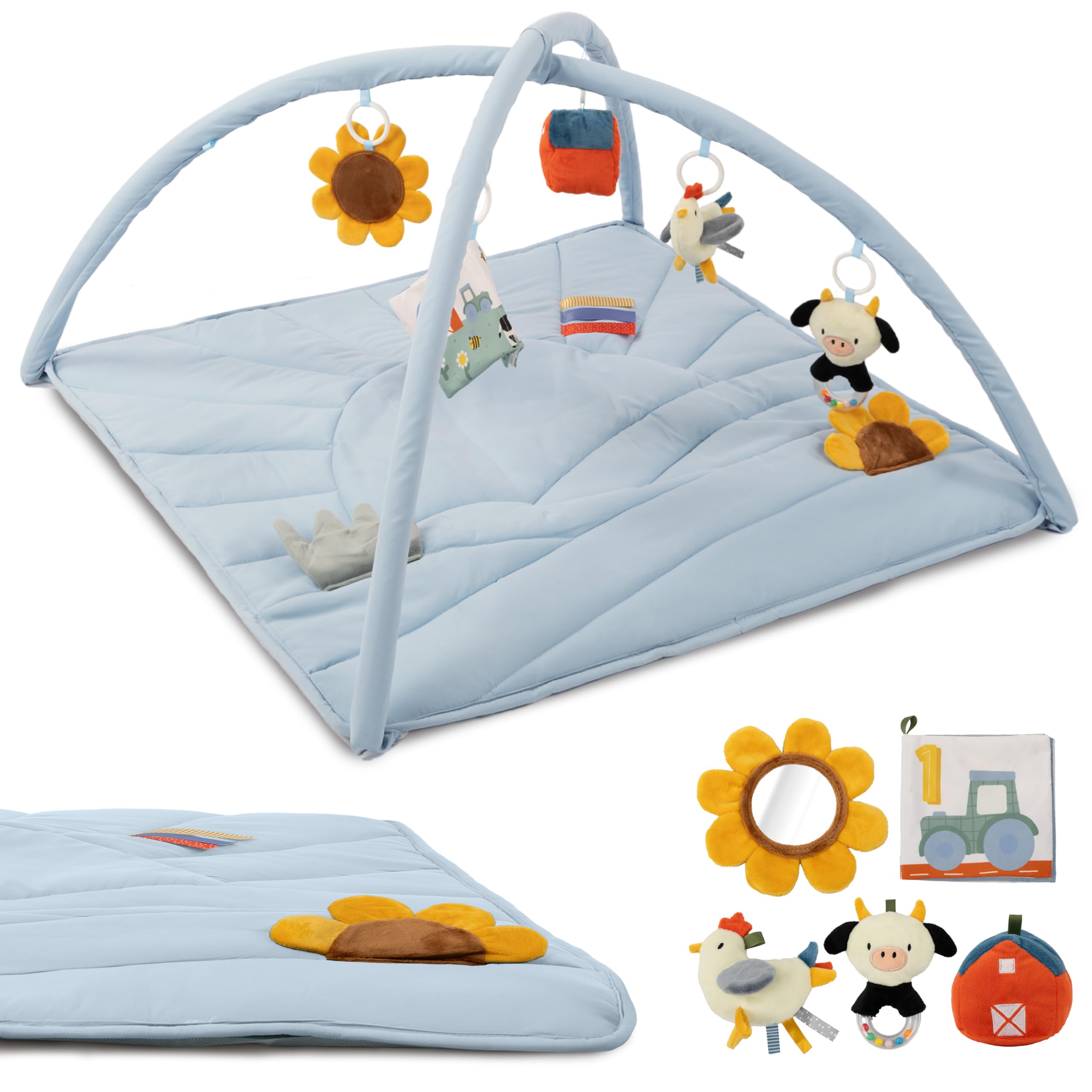 ZICOTO play gym with farm toy chicken for sensory discovery during tummy time.