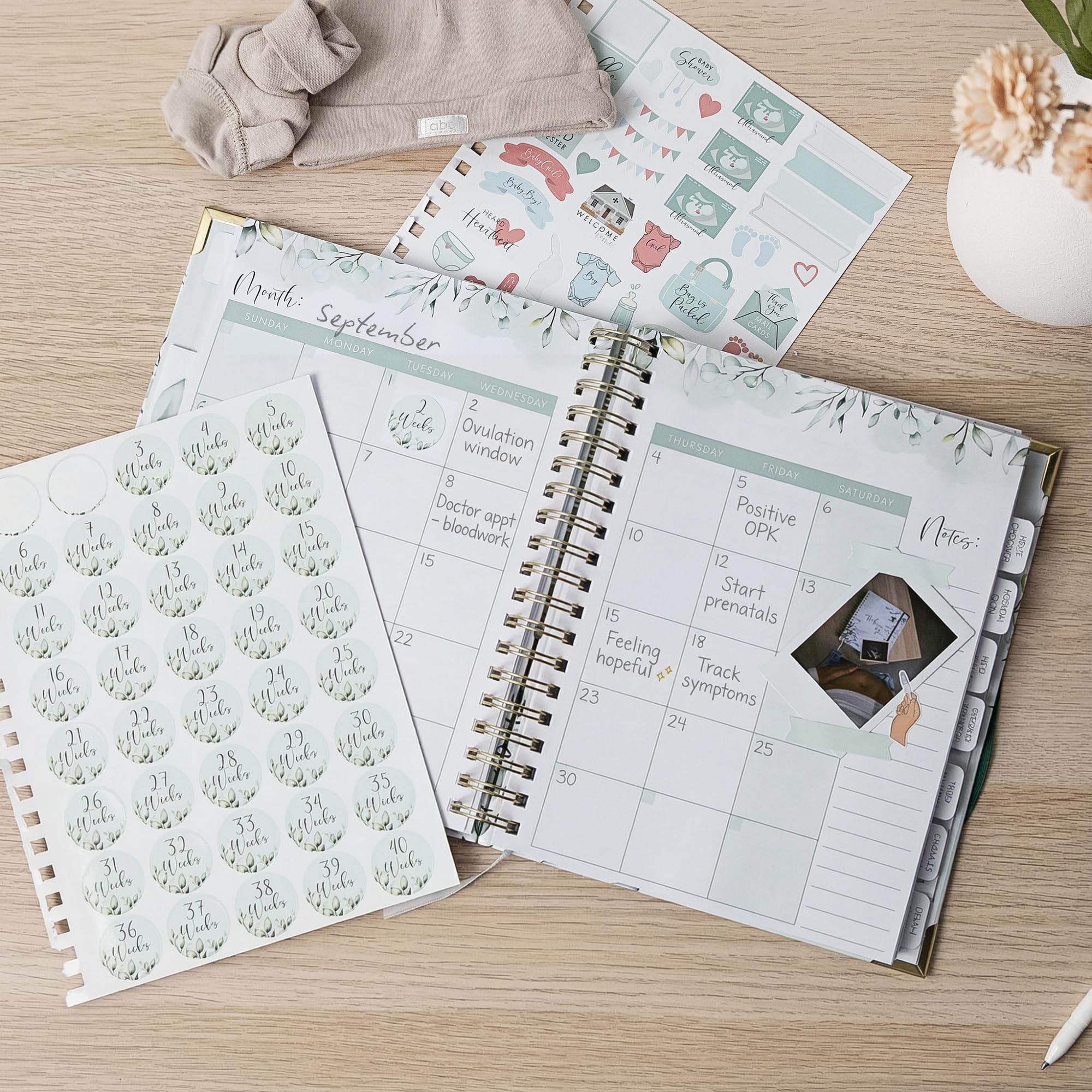 ZICOTO pregnancy journal inside pages show organized layout for tracking milestones.