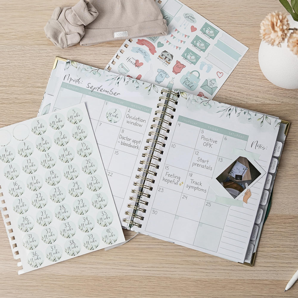 ZICOTO pregnancy journal inside pages show organized layout for tracking milestones.