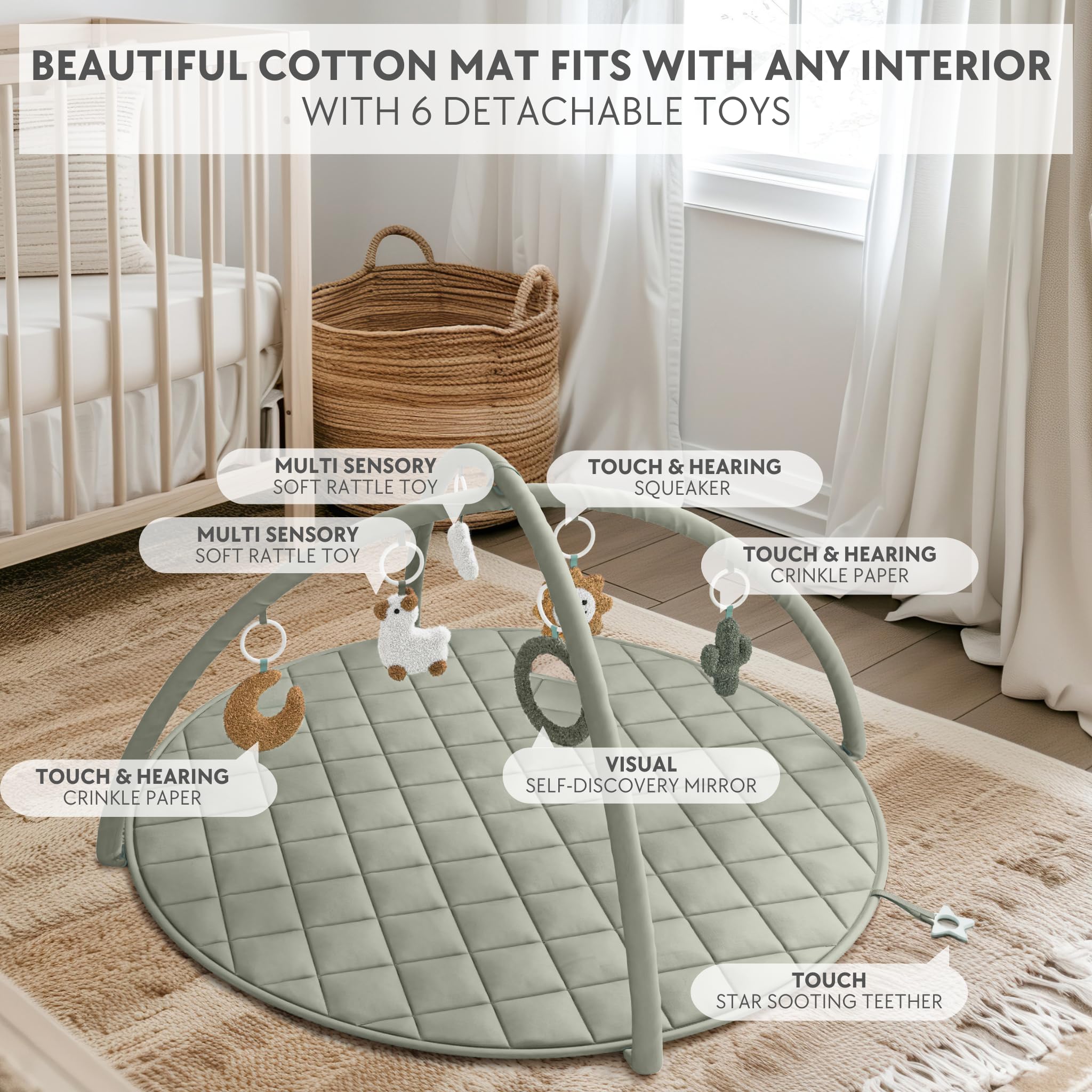 ZICOTO sage-green modern design complements nursery decor and keeps baby engaged.