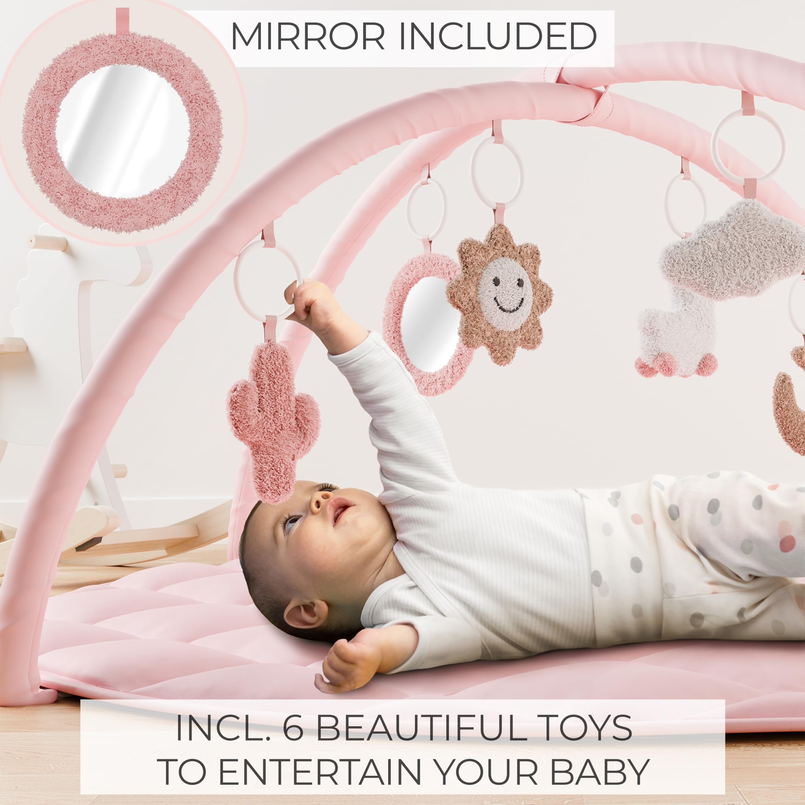 ZICOTO six-toy attachments closeup showcases dangling toys boosting sensory exploration.