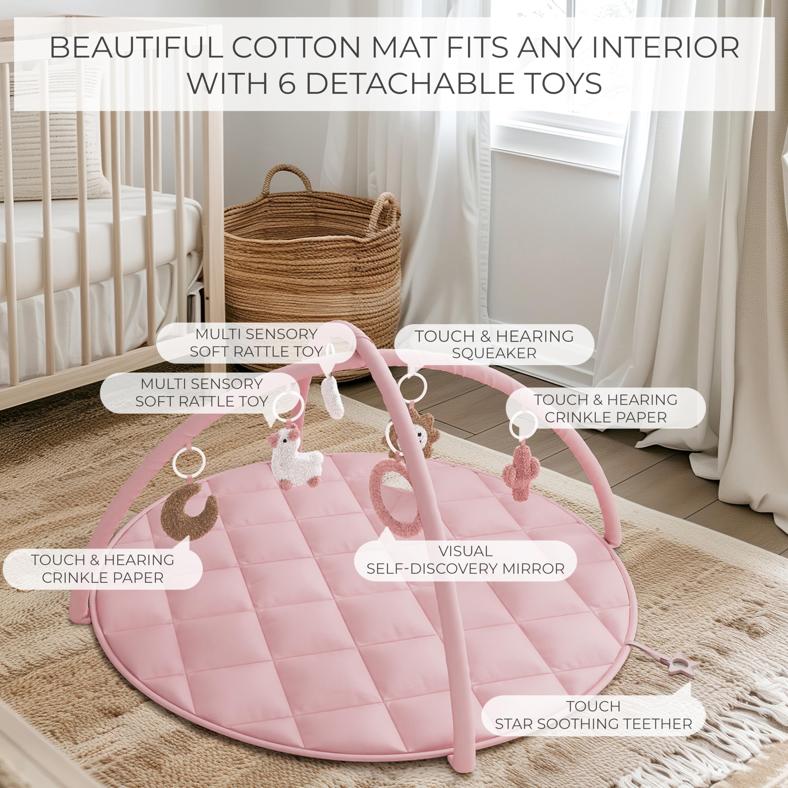 ZICOTO soft cotton mat material offers a plush, breathable surface for tummy time and naptime comfort.