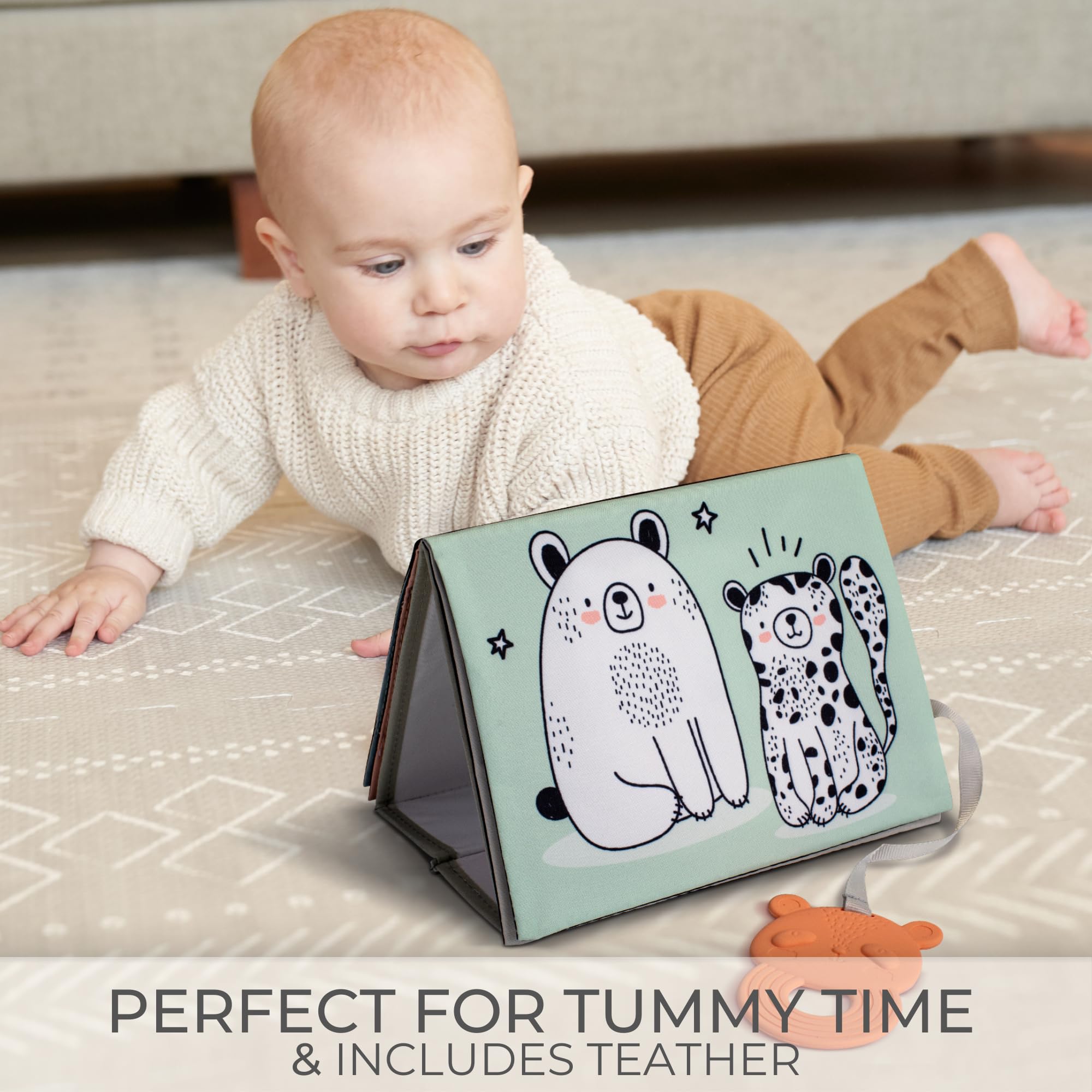 ZICOTO Soft Tummy Time Book crinkle filling encourages tactile exploration during tummy time.