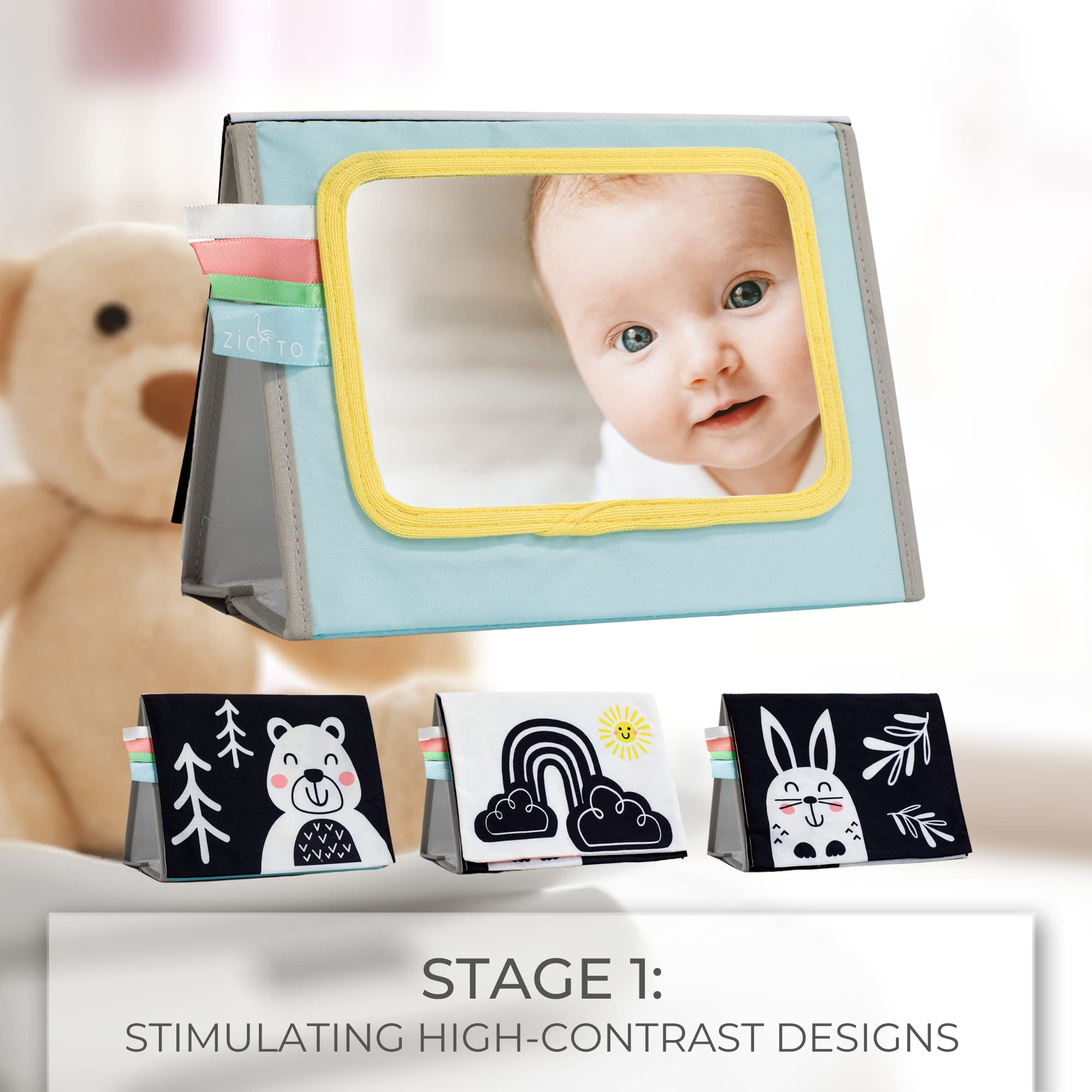 ZICOTO soft tummy time book crinkle—gentle sound supports sensory exploration.